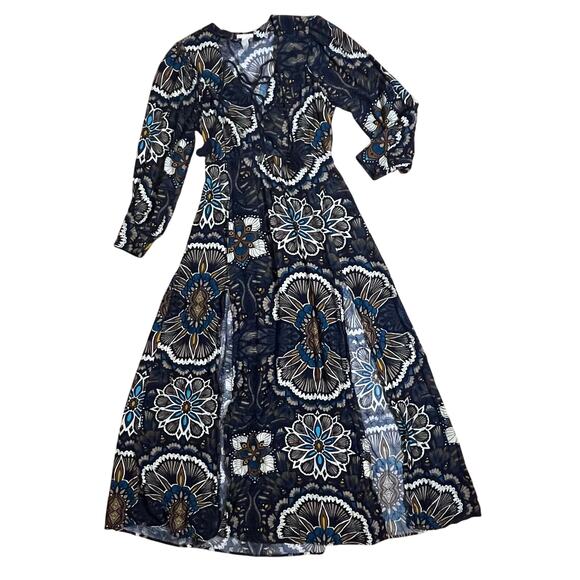 H&M Boho Goddess Maxi Dress Navy Print Lace Up Slit Thigh Size 8 Wedding Guest - Picture 9 of 12